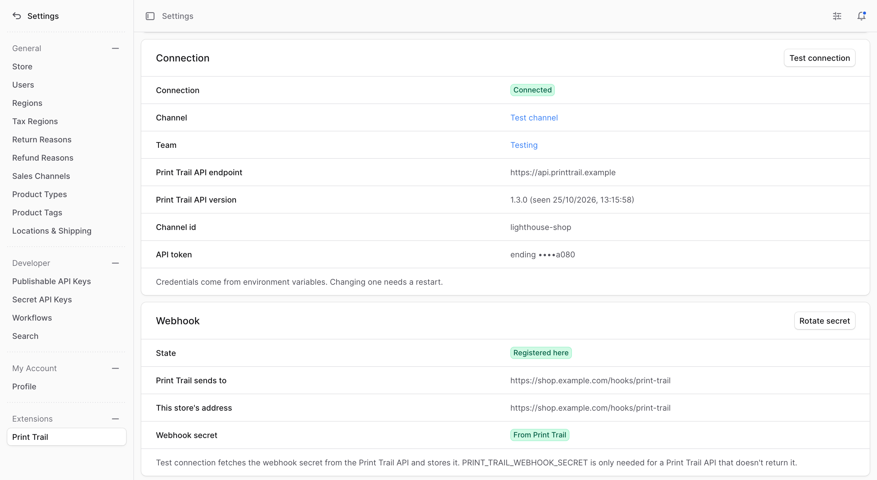 The Print Trail settings page in the Medusa admin: the connection shows Connected with the channel, team and API endpoint, and the webhook is registered here with its secret from Print Trail